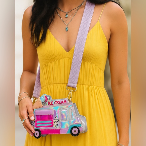 Handbags - Ice Cream Truck Novelty Purse with Purple embroidered Crossbody Strap